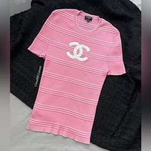 Auth Chanel P60474 Classic CC Logo Pink Knit Top - Size 40